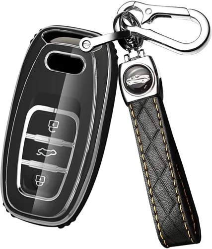 Vista 13 de ontto Funda para llavero compatible con Audi Q5 SQ5 Q3 Q7 Q8 A3 A4 A5 A6 A7 llavero remoto sin llave, carcasa brillante con borde plateado negro
