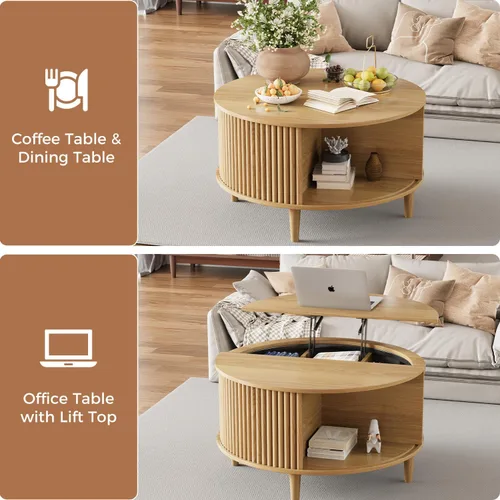 Vista 5 de Mesa auxiliar con tapa elevable y almacenamiento, mesa central redonda acanalada con puerta de armario deslizante, mesa pequeña circular para sala