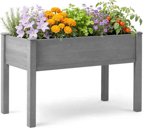Vista 10 de Cama de jardín elevada con patas, 31 x 16 x 31 pulgadas, jardinera elevada de madera para exteriores, patas gruesas, con forro Marrón