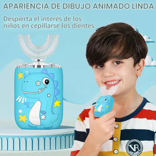 Vista 3 de Cepillo de dientes eléctrico en forma de U para niños, dinosaurio sónico, de boca completa, con 4 cabezales de cepillo suave, automático, 6 modos