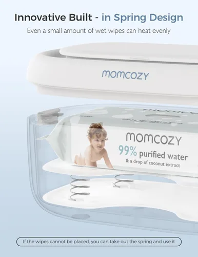 Vista 2 de Momcozy - Calentador de toallitas para bebé, diseño innovador de resorte, dispensador de gran capacidad para 60-80 unidades, 4 modos de control