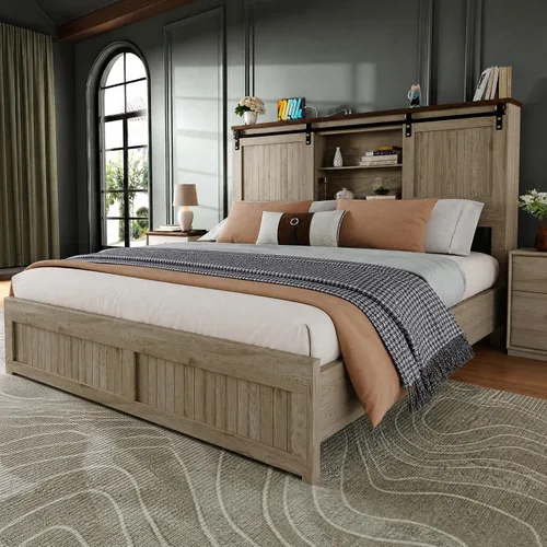 Vista 10 de Marco de cama tamaño Queen con cabecera de almacenamiento, luces de lectura, color blanco Blanco antiguo