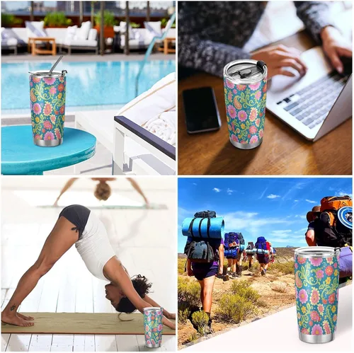 Vista 7 de Taza de café de acero inoxidable azul con estampado de hojas de flores vintage con pajilla, resistente a fugas, a prueba de derrames, a prueba