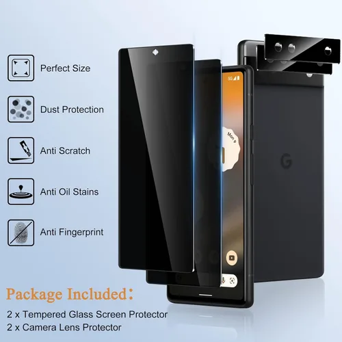 Vista 7 de [Paquete de 2+2] Protector de pantalla de privacidad para Google Pixel 6A [6.1 pulgadas] con protector de lente de cámara, vidrio templado