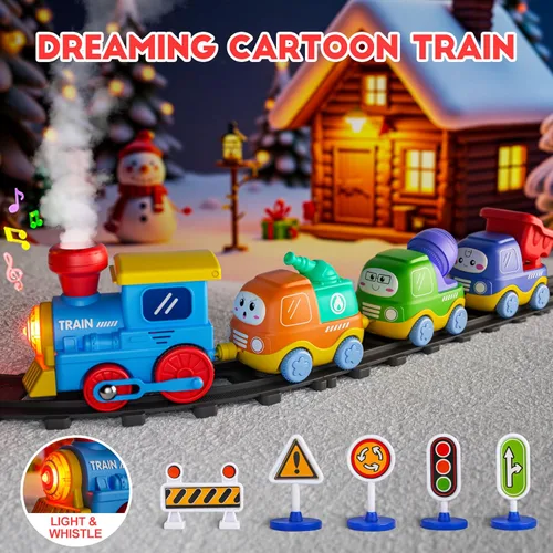 Vista 3 de Juego de Tren de Vapor Funwee para Niños Pequeños, Juguetes de Tren con Conexión Magnética y Luces y Sonidos, Tren Eléctrico de Dibujos Animados
