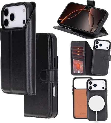Vista 23 de Bayelon Funda tipo cartera para iPhone 15 Pro, cartera de cuero de grano completo, funda magnética desmontable, tarjetero, funda tipo cartera