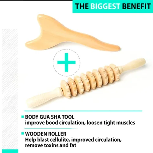 Vista 3 de 2 unids/set de herramientas de masaje de terapia de madera para drenaje linfático y alivio corporal multiusos Herramienta Gua Sha y rodillo
