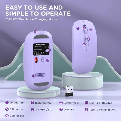 Vista 6 de RAPIQUE Ratón inalámbrico Bluetooth, multidispositivo recargable (tres modos: BT1/BT2+2.4G) Ratones de computadora con receptor USB, mouse