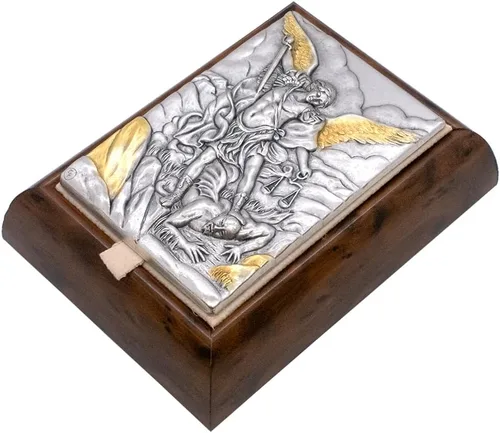 Vista 3 de Caja de recuerdo de madera y metal de San Miguel Patrón de la policía y los soldados Caja de madera con tapa de placa de metal plateado Gran