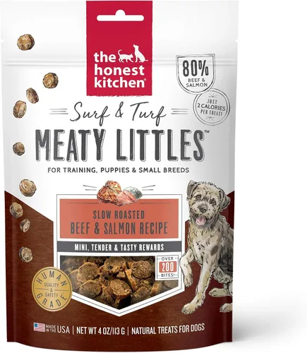 Vista 8 de The Honest Kitchen Meaty Littles - Golosinas para perros, receta de carne de res y salmón, hechas con ingredientes de grado humano, golosinas