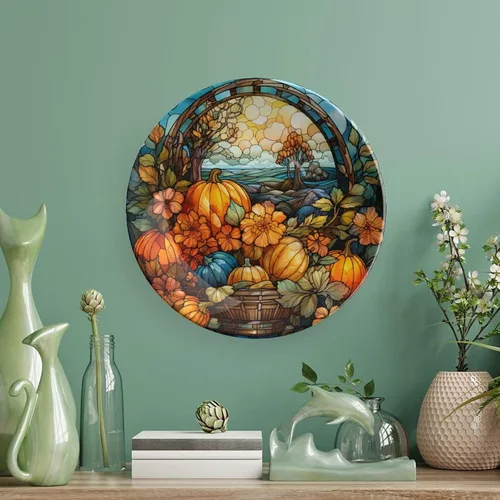 Vista 5 de Plato de cosecha de otoño de calabaza para decoración de pared de oficina en casa, plato decorativo con soporte de exhibición, adorno de cerámica