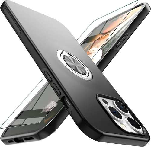 Vista 10 de Funda compatible con iPhone 15 con protector de pantalla de vidrio templado, resistente funda protectora delgada 2 en 1 con soporte de anillo Negro