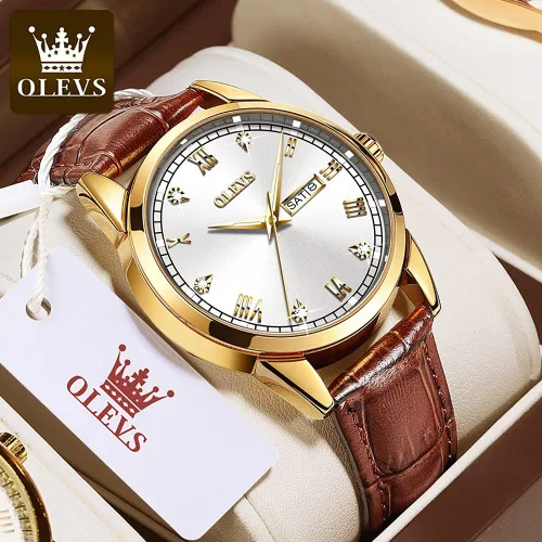 Vista 2 de OLEVS Tienda Watches reloj de cuero marrón para hombre reloj luminoso para hombre reloj de vestir para hombre reloj de cuarzo de moda para hombre