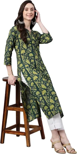 Vista 3 de Janasya Kurta recta de algodón verde oscuro para mujer india