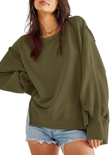 Vista 3 de Beaully Sudaderas de gran tamaño para mujer, cuello redondo, manga larga, abertura lateral, suéter casual para otoño