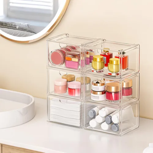 Vista 2 de caktraie Paquete de 6 pequeños cajones apilables para baño, organizador de maquillaje acrílico para baño, contenedores de almacenamiento de plástico