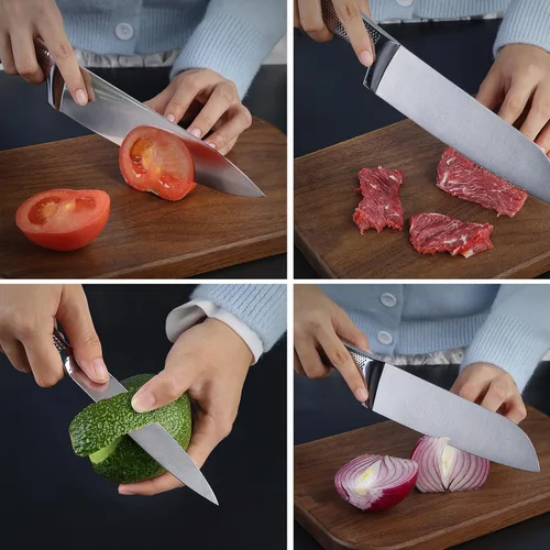 Vista 4 de Juego de 3 cuchillos de chef de acero inoxidable, cuchillos afilados Santoku Kitchen Knives, Japanese Cooking Knife, Ergonomic Non-Slip Handle