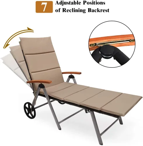 Vista 6 de Tangkula Tumbona de mimbre plegable con respaldo ajustable de aluminio de ratán reclinable con ruedas (mezcla marrón)