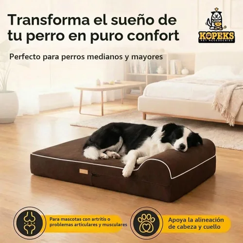 Vista 4 de Kopeks – Cama ortopédica de perro con espuma de memoria, con almohada y forro impermeable , L, Marrón Chocolate