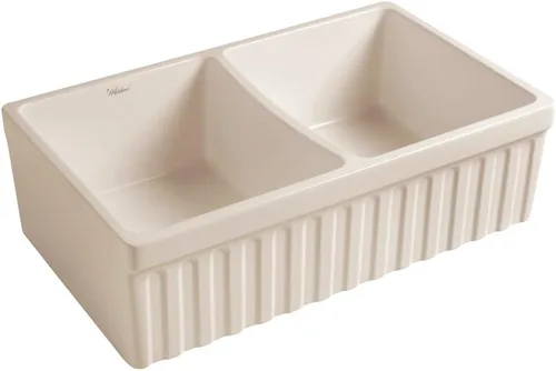 Vista 3 de Whitehaus Collection Quatro Alcove - Fregadero de cocina reversible de doble cuenco Farmhaus con borde frontal acanalado de 2 pulgadas en un lado