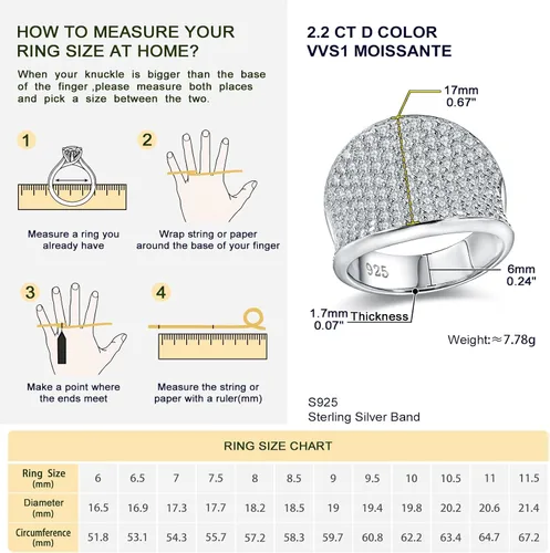 Vista 6 de DAYBYDAY Anillos de moissanita para hombres y mujeres, plata de ley 925, 2-3.5 quilates, color D, VVS1, anillo de cóctel de moissanita con diamantes