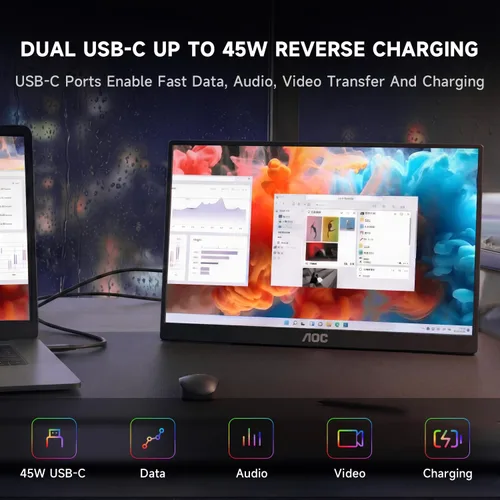 Vista 11 de AOC Monitor portátil de 15.6 pulgadas FHD 1080P IPS 125% sRGB, monitor de viaje USB-C HDMI para laptop, segunda pantalla externa ultra delgada