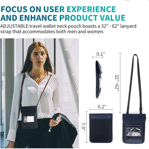Vista 5 de Cartera con bloqueo RFID para pasaporte con bolsa de almacenamiento para el cuello para tarjeta de identificación de crédito de seguridad de viaje
