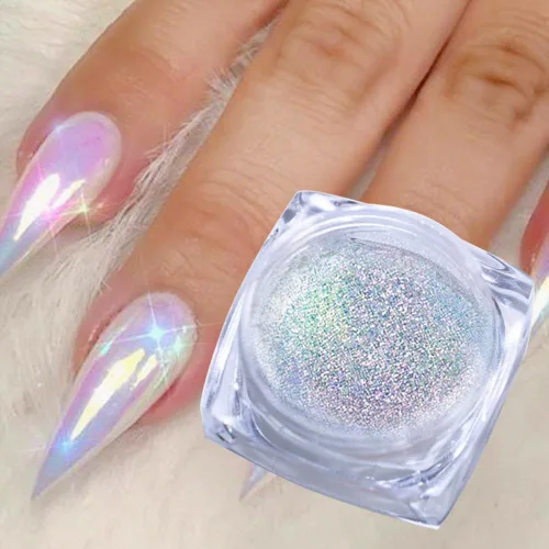 Vista 11 de Brillo holográfico para uñas, arco iris, neón, cromado, efecto de polvo de uñas, decoración de escamas, punta de polvo de uñas cromada, accesorios