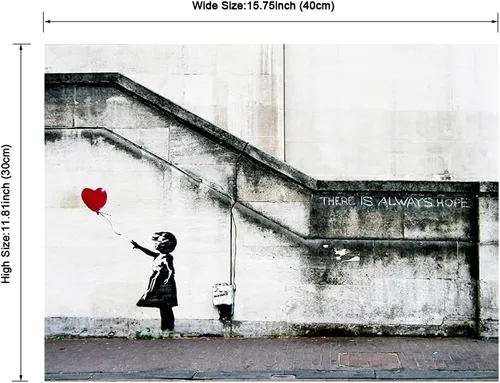 Vista 6 de Pyradecor Banksy Grafitti Girl with Red Balloon Grey Love Pictures Cuadros sobre lienzo, arte de pared moderno, impresiones en lienzo para sala