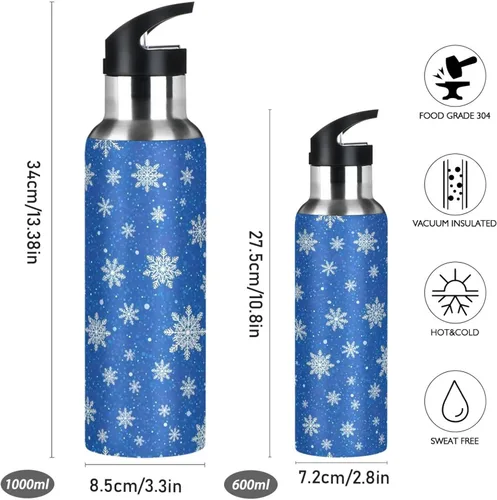 Vista 2 de White Snowflakes Blue Stainless Steel Vacuum Insulated Water Bottle 20 Oz Leakproof Water Bottles, BPA-Free Sport Water Bottle Insulated