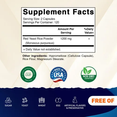 Vista 2 de Vitamatic - Arroz de levadura roja de 1200 mg por porción, 240 cápsulas vegetales, fabricado en los Estados Unidos, sin OMG y sin gluten