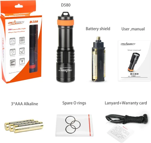 Vista 8 de ORCATORCH Luz de buceo D580, linterna subacuática máxima de 530 lúmenes con haz estrecho de 6 grados, interruptor giratorio impermeable IP68