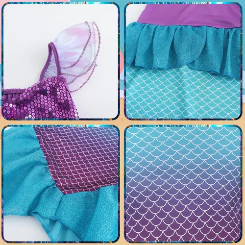 Vista 5 de Disfraz de sirena para niñas, vestido de princesa Ariel para Halloween, cosplay, cumpleaños, con accesorios de corona