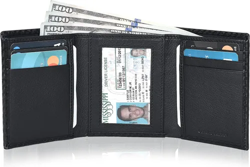 Vista 2 de Real Leather Trifold Wallet For Men - Slim Ultra Thin Tri Fold Front Pocket Minimalist Credit Card Holder ID Window Gift Men