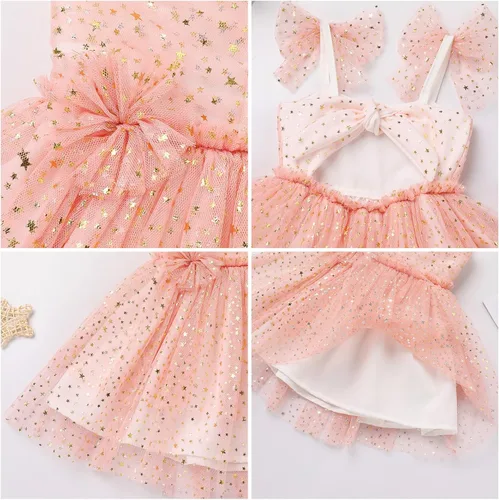 Vista 3 de Toddler Baby Girl Tulle Dress with Polka Dot Sequins Ruffle Mesh Sleeve Flower Girl Wedding Guest Birthday Party Dress
