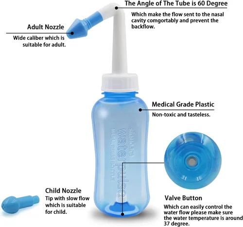 Vista 2 de Neti Pot - Botella de enjuague sinusal, limpiador de lavado de nariz, enjuague a presión, riego nasal para adultos y niños, sin BPA, kit de lavado