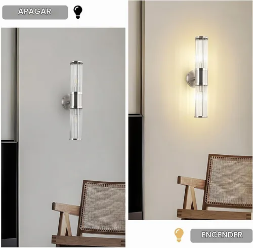 Vista 9 de Aplique de pared de níquel cepillado con varillas de vidrio, lámpara de tocador industrial moderna, base de candelabro E12 para baño, dormitorio