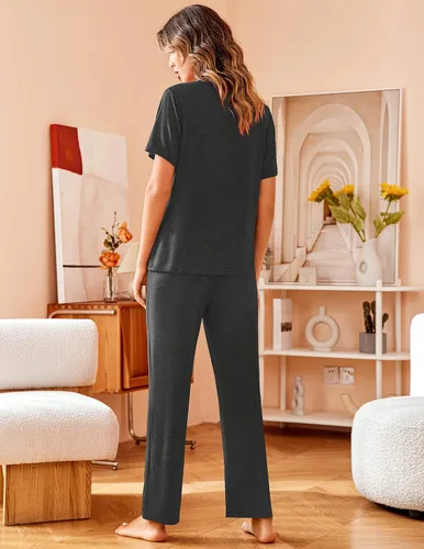 Vista 4 de Avidlove - Conjunto de pijama para mujer, ropa de dormir suave con solapa de muesca, manga corta, botones y pantalones largos