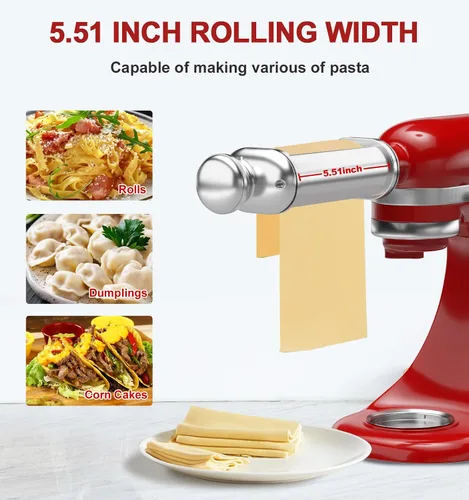 Vista 2 de Rodillo de pasta para batidora de pie KitchenAid, accesorio de rodillo de pasta de acero inoxidable con perilla de grosor ajustable de 8 posiciones