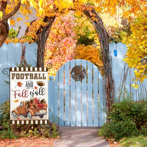 Vista 4 de Banderas de jardín de otoño de Acción de Gracias de bienvenida para decoraciones exteriores, camión de fútbol y otoño con hojas de arce, bandera