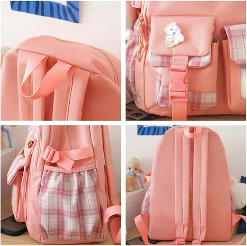 Vista 6 de Juego de 5 mochilas estéticas con alfileres y colgante, tamaño grande, estilo japonés kawaii, para la universidad, mochila para computadora Negro