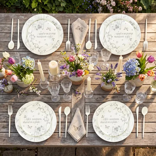 Vista 8 de EI - Juego de 60 platos de plástico color crema, cena de 10.25 pulgadas y platos florales de postre de 7.5 pulgadas, elegantes platos de plástico