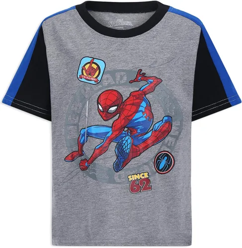 Vista 6 de Marvel Spider-Man - Paquete de 3 camisetas de manga corta para niños pequeños y grandes Azul/Negro/Gris-rayas