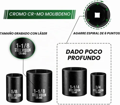 Vista 4 de Steel Vision Tools Juego de 13 piezas de 1/2 pulgada SAE de impacto con unidad de enchufe profundo Acero cromo-molibdeno EncHUFES de impacto
