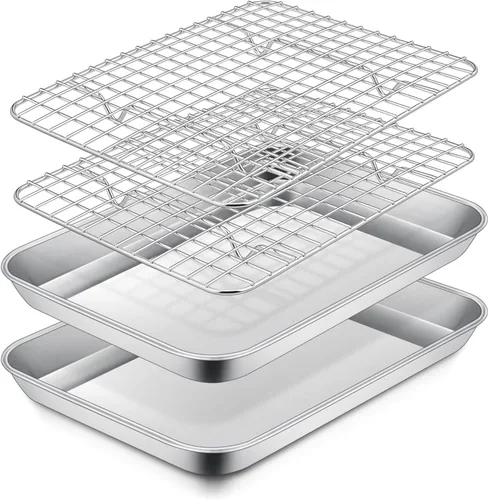 Vista 10 de P&P CHEF, bandeja para horno tostador de 9 pulgadas con juego de rejilla, bandeja de hornear de acero inoxidable y rejilla de enfriamiento