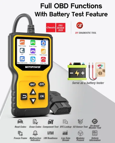 Vista 4 de MOTOPOWER MP69033 Pro OBD2 Escáner Lector de Código, Herramienta de Diagnóstico de Luz de Falla del Motor con Probador de Batería