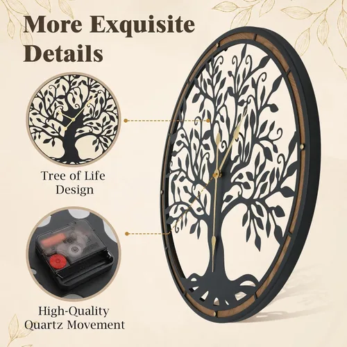 Vista 5 de Micasso Large Wall Clocks Decorative: 15 Inch Tree of Life Battery Operated
