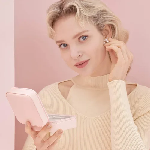 Vista 6 de Vlando City Beauty - Joyero organizador rosa pequeño organizador de viaje con espejo rosa