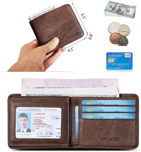 Vista 4 de BOSTANTEN Billeteras de piel auténtica para hombre con bloqueo RFID y 2 ventanas de identificación