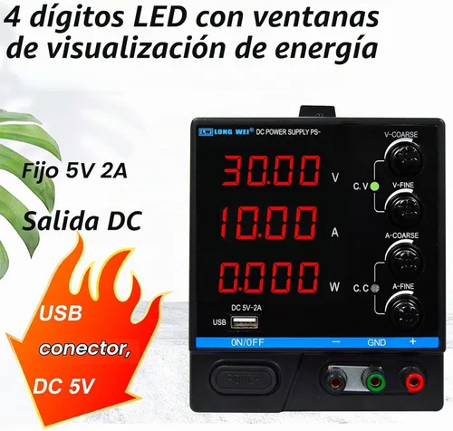 Vista 3 de Fuente de alimentación de CC variable, fuente de alimentación de banco de CC regulada de conmutación ajustable de 30 V 10 A con pantalla